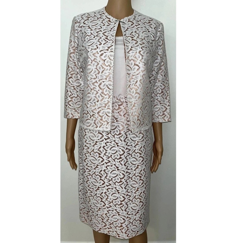 ILGWU AFL CIO Vintage 50s 60s Cream Nude‎ Lace Jacket Skirt Womens Suit Set Sz 4